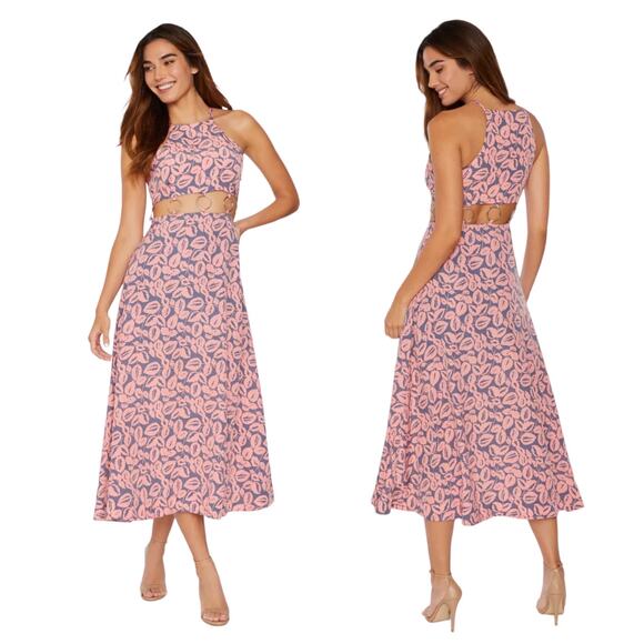 Likely Pink Cristina Leaf Print Cutout Midi Dress Nightshado Size 12 - Picture 1 of 9
